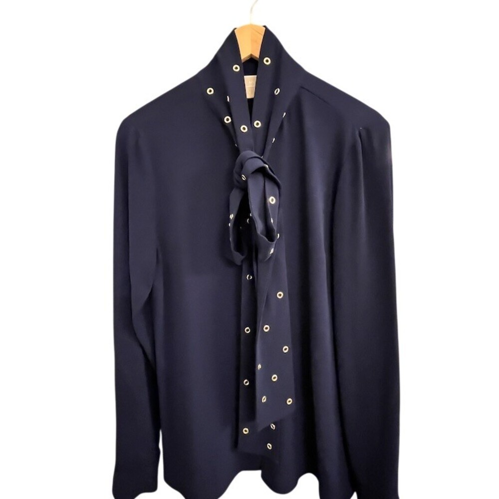 MICHAEL Michael Kors Blouse Womens M Navy Tie-Neck Scarf Long Sleeve